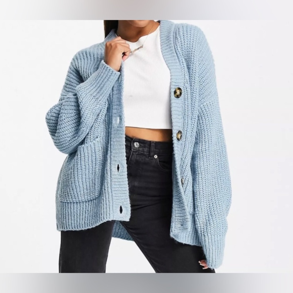 Miss Selfridge pale blue rib pocket long line cardigan